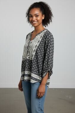 Style & Co Women's Blouse Paisley Floral Top V-Neck Size L Peasant Black White